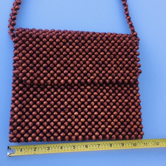 Vintage Hand Made Brown Wood Beaded Evening Shoulder Handbag Long Strap Bag - Picture 7 of 12
